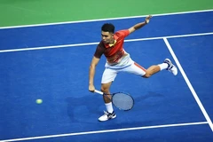 Tay vợt Việt Nam Trịnh Linh Giang tại lượt trận thứ nhất của bảng B Davis Cup 2018. (Ảnh: Trọng Đạt/TTXVN)