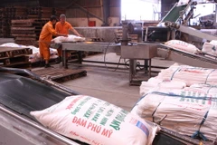 Dây chuyền đóng bao sản phẩm phân ure. (Ảnh: Hà Thái/TTXVN)