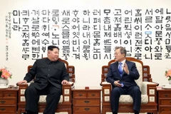 Hai nhà lãnh đạo Hàn Quốc và Triều Tiên. (Nguồn: AFP/TTXVN)