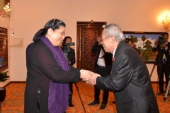 Phó Chủ tịch thứ nhất Thượng viện mới tái đắc cử Nay Pena chào đón Phó Chủ tịch Quốc hội Tòng Thị Phóng. (Ảnh: Minh Hưng/TTXVN)