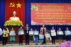 Phó Chủ tịch nước Võ Thị Ánh Xuân tặng quà gia đình chính sách tỉnh Quảng Nam. (Ảnh: Trần Tĩnh/TTXVN)