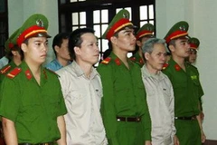 Các bị cáo: Đoàn Văn Vươn (thứ hai từ bên trái) và Đoàn Văn Sịnh (thứ tư từ bên trái) trước vành móng ngựa. (Ảnh: Doãn Tấn/TTXVN)