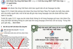 Thông tin cảnh báo trên Fanpage của Liên đoàn Cầu lông Việt Nam.