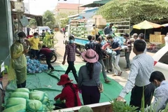 Vận chuyển gạo hỗ trợ cho cộng đồng người gốc Việt tại tỉnh Prey Veng. (Ảnh: Trần Long/TTXVN)