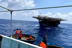 Tàu KN411 đang tiếp cận tàu cá QNg 95320 để đưa ngư dân bị bệnh lên tàu kiểm ngư vào bờ. (Ảnh: TTXVN phát)