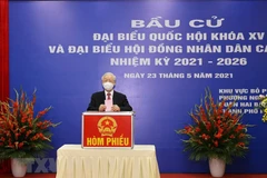 Tổng Bí thư Nguyễn Phú Trọng bỏ phiếu bầu đại biểu Quốc hội khóa XV và đại biểu Hội đồng nhân dân các cấp nhiệm kỳ 2021-2026. (Ảnh: Trí Dũng/TTXVN)