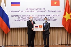 Thứ trưởng Ngoại giao Tô Anh Dũng trao vật tư y tế cho Đại sứ Liên bang Nga tại Việt Nam Konstantin Vnukov. (Ảnh: Dương Giang/TTXVN)