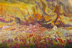 Tranh vẽ trận Bạch Đằng mô tả trận quyết chiến chiến lược do vua Trần Nhân Tông và anh hùng dân tộc Trần Hưng Đạo chỉ huy, đánh tan quân xâm lược Nguyên-Mông trên sông Bạch Đằng năm 1288. (Ảnh: BTC)