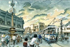 Mỗi bức vẽ có thể đứng độc lập như một tác phẩm hội họa hoàn chỉnh về một góc Hà Nội xưa. (Ảnh: Nhã Nam)