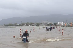 Tuyến đường từ xã Cát Tiến, huyện Phù Cát đi xã Phước Thắng, huyện Tuy Phước, Bình Định bị ngập sâu từ đêm qua. (Ảnh: Tường Quân/TTXVN)