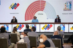 Chủ tịch Hội đồng Bầu cử Quốc gia Venezuela Indira Alfonzo (giữa) công bố kết quả chính thức cuộc bầu cử Quốc hội, tại Caracas ngày 7/12/2020. (Ảnh: THX/TTXVN)