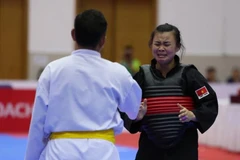 Cám xúc khó tả của vận động viên trong lần đầu giành huy chương vàng. (Ảnh: PV/Vietnam+) 