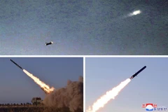 Hình ảnh do Hãng thông tấn Trung ương Triều Tiên đăng phát ngày 7/11 về các vụ phóng tên lửa của quân đội Triều Tiên hướng tới vùng biển phía Đông và Hoàng Hải, từ ngày 2-5/11. (Ảnh: AFP/TTXVN)