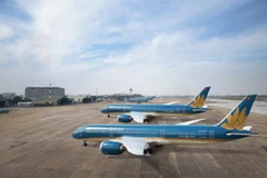 Máy bay Vietnam Airlines xếp hàng dài nằm đắp chiếu tại sân bay Nội Bài. (Ảnh: CTV/Vietnam+)