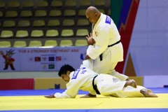 Cặp vận động viên Trần Quốc Cường-Phan Minh Hạnh (Việt Nam) thi đấu ở nội dung Kodokan Goshin Jutsu (bài quyền về các kỹ thuật tự vệ hiện đại) đối với nam và đạt 534.5 điểm để tiến vào vòng chung kết. (Ảnh: Quang Quyết/TTXVN) 