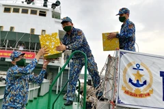 Các chiến sỹ chuyển hàng hóa, quà Tết lên tàu Trường Sa 19 để vận chuyển đến các nhà giàn DK1. (Ảnh: Thu Hiền/TTXVN) 