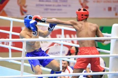 Vận động viên Chhoeung Lvay của đội Campuchia (đỏ) thắng Nazri_Bin_Sutari Muhammad của đội Singapore (xanh) ở nội dung Low Kick, hạng cân dưới 71kg với tỷ số 3-0. (Ảnh: Thanh Thương/TTXVN)