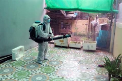 Phun hóa chất diệt muỗi trong nhà dân ở khu vực có ổ dịch sốt xuất huyết. (Ảnh: Nguyễn Chinh/TTXVN) 