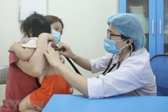 Bác sỹ Bệnh viện Bệnh nhiệt đới Trung ương khám cho bệnh nhi xuất hiện triệu chứng cúm A. (Ảnh: Minh Quyết/TTXVN) 