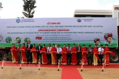 Đại biểu thực hiện nghi thức lễ cắt băng xuất khẩu chanh leo sang thị trường châu Âu. (Ảnh: Hồng Điệp/TTXVN) 