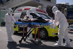 Nhân viên y tế chuyển bệnh nhân COVID-19 tới bệnh viện tại Daegu, Hàn Quốc. (Ảnh: AFP/TTXVN)