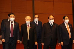 Tổng Bí thư Nguyễn Phú Trọng và các lãnh đạo, nguyên lãnh đạo Đảng, Nhà nước đến dự phiên bế mạc. (Ảnh: Trí Dũng/TTXVN)