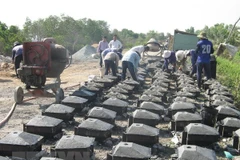 Công nhân đổ các khối bêtông bảo vệ mái đê. (Ảnh: Minh Trí/TTXVN) 