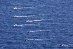 Các tàu cá tham gia tìm kiếm nạn nhân mất tích sau vụ chìm tàu du lịch Kazu I ở ngoài khơi bờ biển Hokkaido, Nhật Bản ngày 24/4. (Ảnh: Kyodo/TTXVN)