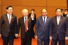 Tổng Bí thư Nguyễn Phú Trọng, Chủ tịch nước Nguyễn Xuân Phúc, Thủ tướng Phạm Minh Chính, Chủ tịch Quốc hội Vương Đình Huệ tới dự phiên bế mạc. (Ảnh: Trí Dũng/TTXVN) 