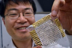 Giáo sư Takao Someya giới thiệu mạch vi điện tử mới trong cuộc họp báo ở Tokyo. (Nguồn: AFP/ TTXVN)