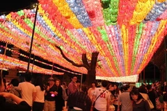 Đèn lồng các loại được giăng kín trong sân chùa Chogye ở trung tâm Seoul. (Ảnh: Anh Nguyên/TTXVN)