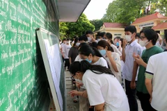 Các thí sinh xem thông tin số báo danh tại điểm thi Trường Trung học phổ thông A Phủ Lý. (Ảnh: Đại Nghĩa/TTXVN)