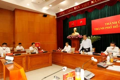 Ông Phan Đình Trạc, Ủy viên Bộ Chính trị, Bí thư Trung ương Đảng, Trưởng Ban Nội chính Trung ương, Phó Trưởng ban Thường trực Ban Chỉ đạo Trung ương về phòng, chống tham nhũng phát biểu tại buổi làm việc. (Ảnh: Thanh Vũ/TTXVN)