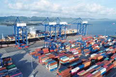 Bốc xếp container tại cảng Lạch Huyện. (Ảnh: CTV/Vietnam+)