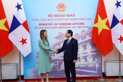 Bộ trưởng Ngoại giao Bùi Thanh Sơn đón Bộ trưởng Ngoại giao Panama Érika Mouynes. (Ảnh: An Đăng/TTXVN)