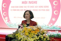 Bà Trương Thị Mai, Ủy viên Bộ Chính trị, Bí thư Trung ương Đảng, Trưởng Ban Tổ chức Trung ương phát biểu tại hội nghị. (Ảnh: Đồng Thúy/TTXVN)