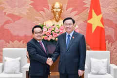 Chủ tịch Quốc hội Vương Đình Huệ tiếp Chủ tịch Kiểm toán Nhà nước Cộng hòa dân chủ nhân dân Lào Viengthavisone Thephachanh. (Ảnh: Doãn Tấn/TTXVN)