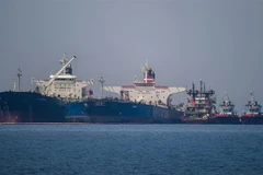 Tàu chở dầu Pegas neo ở vùng biển ngoài khơi đảo Evia, Hy Lạp. (Ảnh: Getty Images/TTXVN)