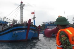 Lực lượng Đồn Biên phòng Hòa Hiệp Nam (thị xã Đông Hòa, Phú Yên) tuyên truyền ngư dân vào cảng cá Phú Lâm tránh trú an toàn. (Ảnh: Tường Quân/TTXVN)