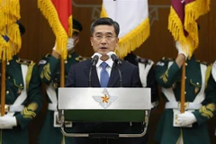 Tân Bộ trưởng Quốc phòng Hàn Quốc Suh Wook trong bài phát biểu tại Seoul ngày 18/9/2020. (Ảnh: Yonhap/TTXVN)