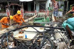 Công nhân điện lực nỗ lực khắc phục hậu quả bão số 5 để cấp điện cho người dân. (Ảnh: Tường Vi/TTXVN)