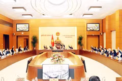 Ủy ban Thường vụ Quốc hội biểu quyết với 100% thành viên đồng ý thông qua việc sắp xếp các đơn vị hành chính cấp xã, cấp huyện tại 6 tỉnh, thành phố. (Ảnh: Trọng Đức/TTXVN)