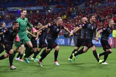 Các cầu thủ Albania mừng chiến thắng. (Nguồn: THX/TTXVN)