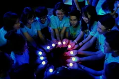 Các tình nguyện viên tại Nhà văn hóa Thanh niên Thành phố Hồ Chí Minh cùng chung tay Tắt điện 1 giờ tại chương trình. (Ảnh: An Hiếu/TTXVN)