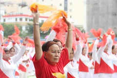 Hơn 3.000 người cao tuổi tham gia đồng diễn thể dục dưỡng sinh, yoga. (Ảnh: Thu Hương/TTXVN)