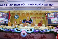 Quang cảnh nghi lễ suy tôn Trưởng lão Hòa thượng Thích Trí Quảng, Quyền Pháp chủ Hội đồng Chứng minh Giáo hội Phật giáo Việt Nam. (Ảnh: Xuân Khu/TTXVN)