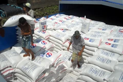  Công ty Gentraco chuyển gạo xuống tàu xuất khẩu gạo. (Ảnh: Thanh Vũ/TTXVN)