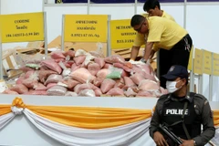 Cảnh sát trưng bày số ma túy thu giữ tại tỉnh Ayutthaya, cách thủ đô Bangkok của Thai Lan 80km về phía bắc. (Ảnh: AFP/ TTXVN)