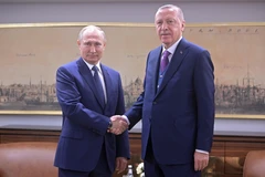 Tổng thống Nga Vladimir Putin (trái) và người đồng cấp Thổ Nhĩ Kỳ Tayyip Erdogan (phải) tại cuộc gặp ở Istanbul, Thổ Nhĩ Kỳ ngày 8/1/2020. (Ảnh: AFP/TTXVN)