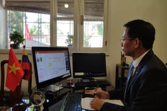 Đại sứ Lê Viết Duyên phát biểu tại hội thảo trực tuyến. (Ảnh: ĐSQ Việt Nam tại Venezuela)